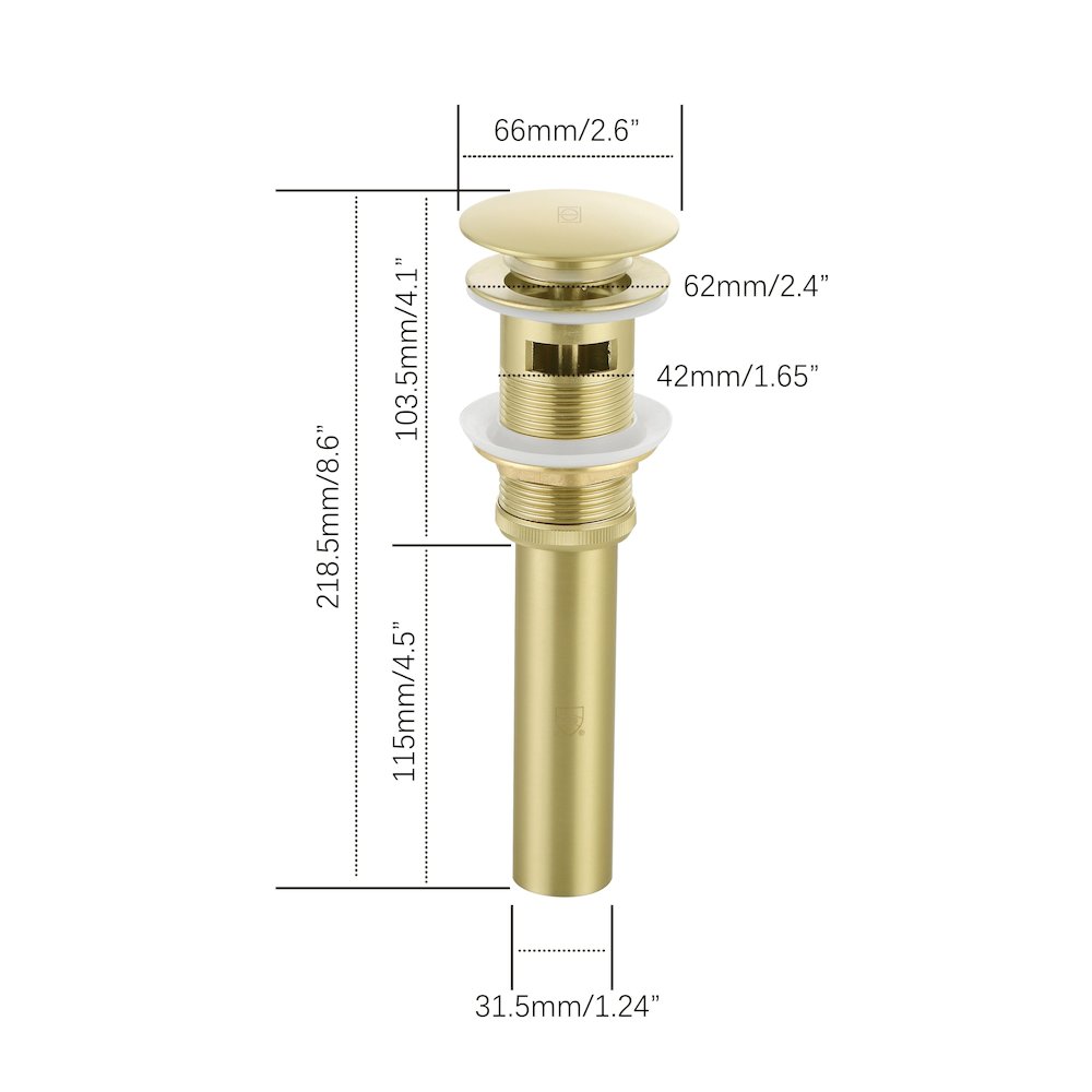 Pop-up bathroom sink drain with overflow in Brushed Gold. Picture 6