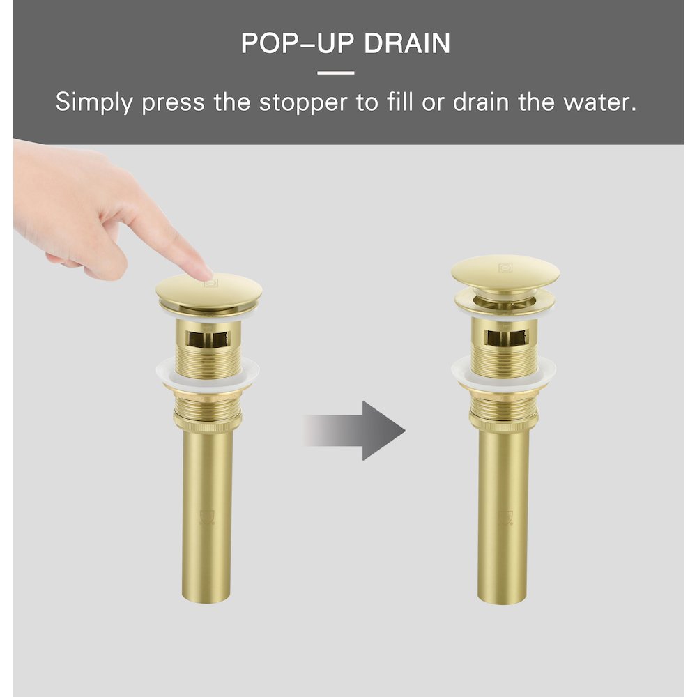Pop-up bathroom sink drain with overflow in Brushed Gold. Picture 7