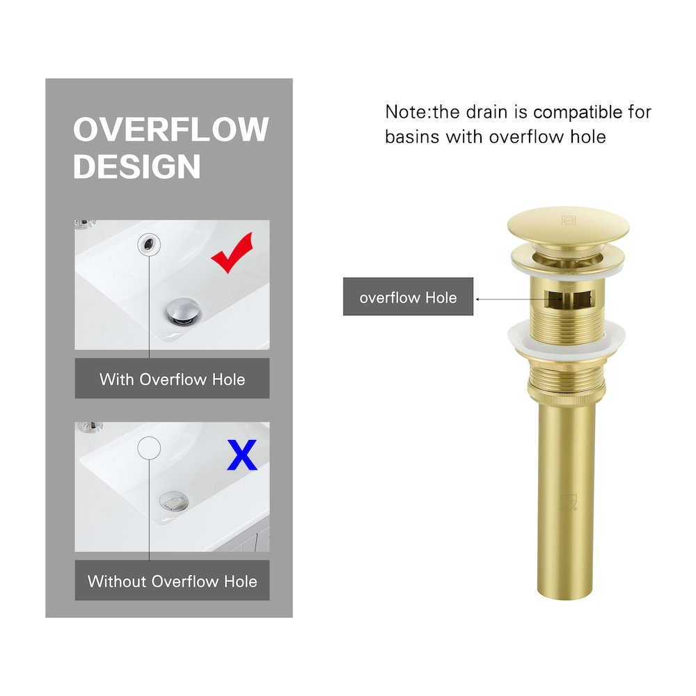 Pop-up bathroom sink drain with overflow in Brushed Gold. Picture 8