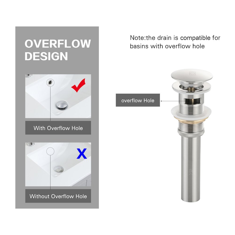 Pop-up bathroom sink drain with overflow in Brushed Nickel. Picture 8