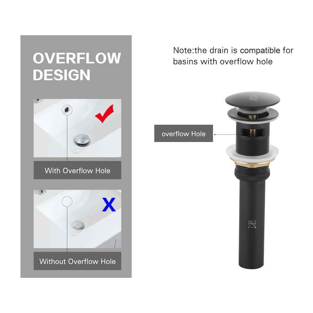 Pop-up bathroom sink drain with overflow in Matte Black. Picture 8