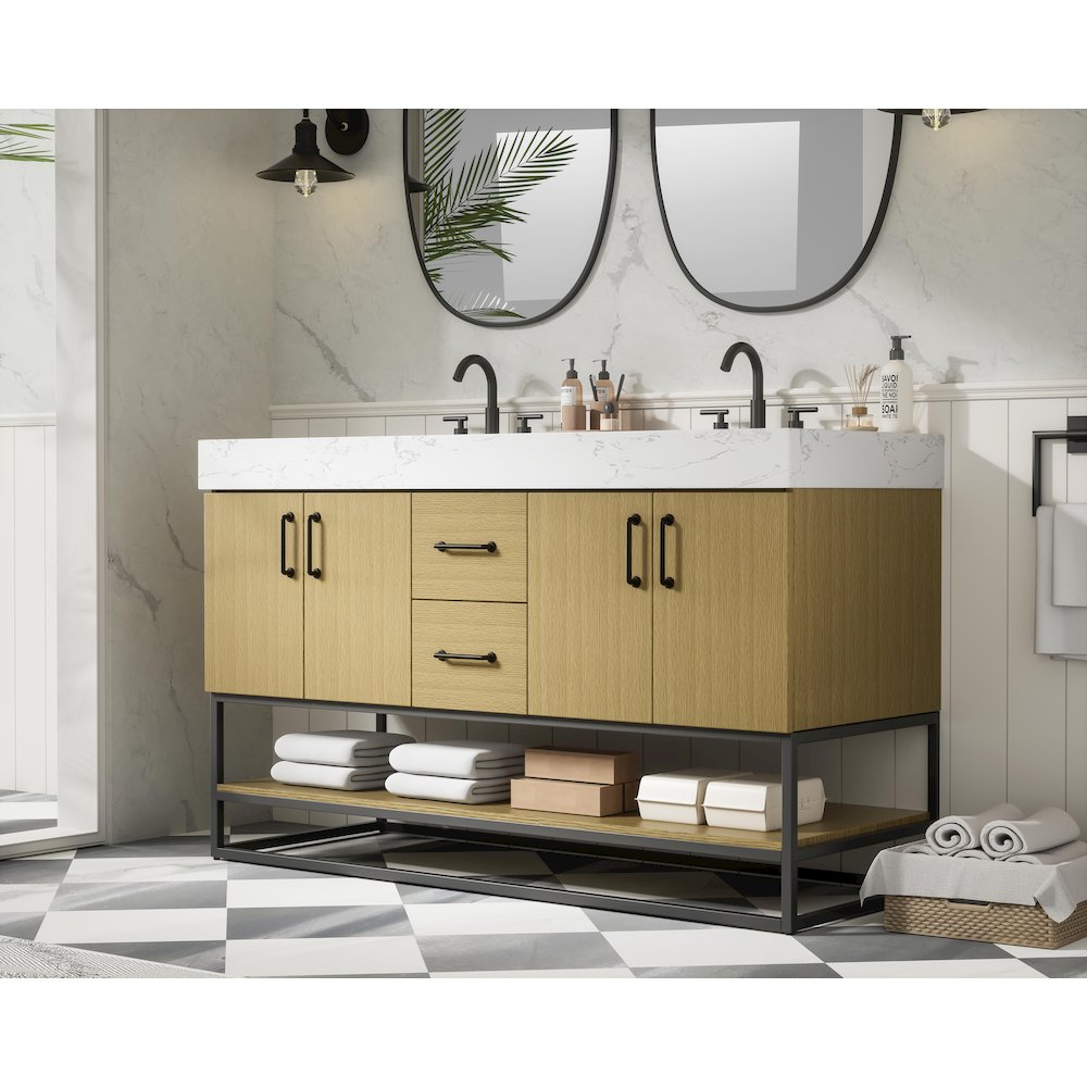54 inch Double Bathroom Vanity in Honey Brown. Picture 3
