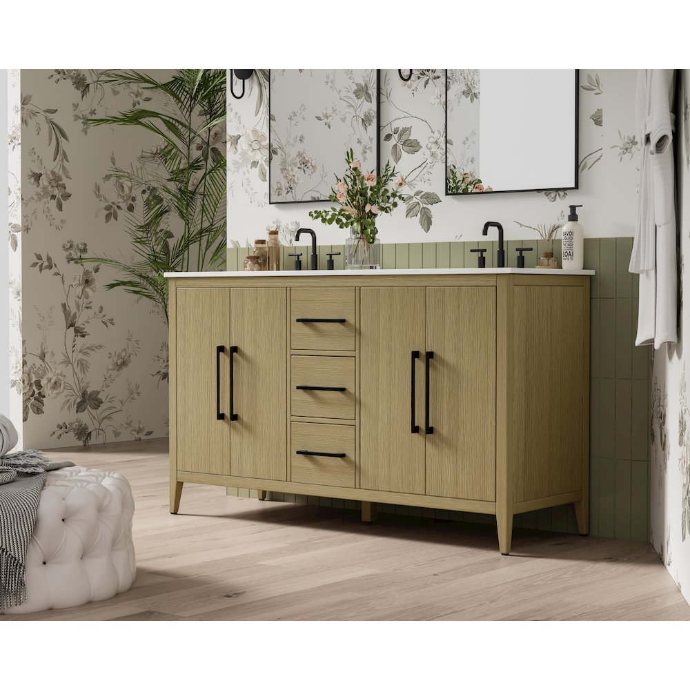 60 Inch Double Bathroom Vanity In Honey Brown. Picture 3