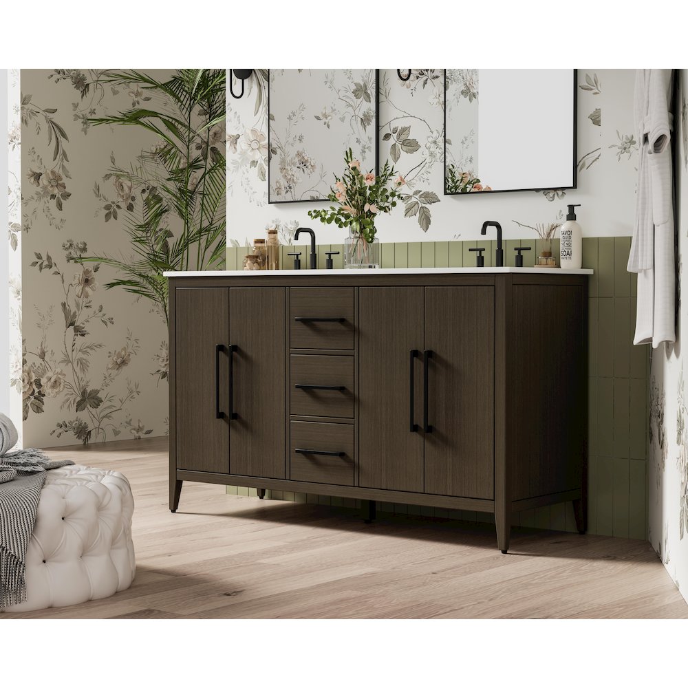 60 Inch Double Bathroom Vanity In Mocha Brown. Picture 3