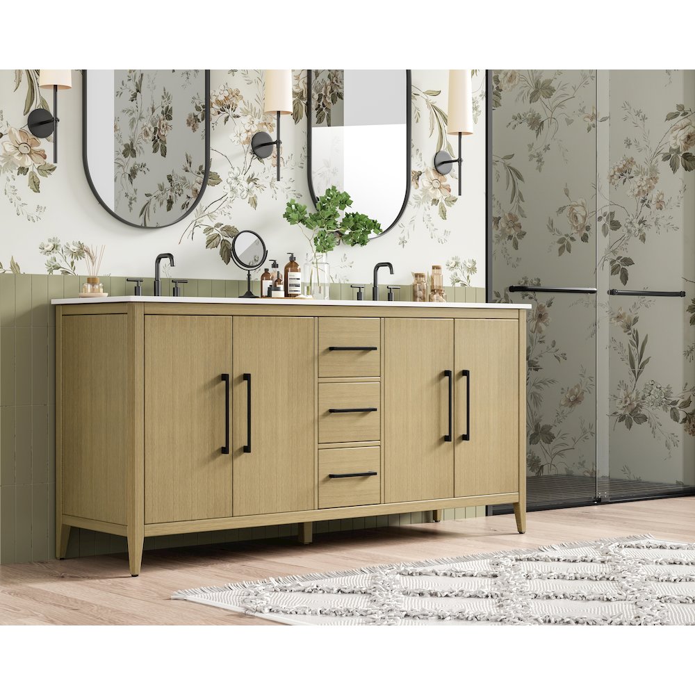 72 Inch Double Bathroom Vanity In Honey Brown. Picture 3