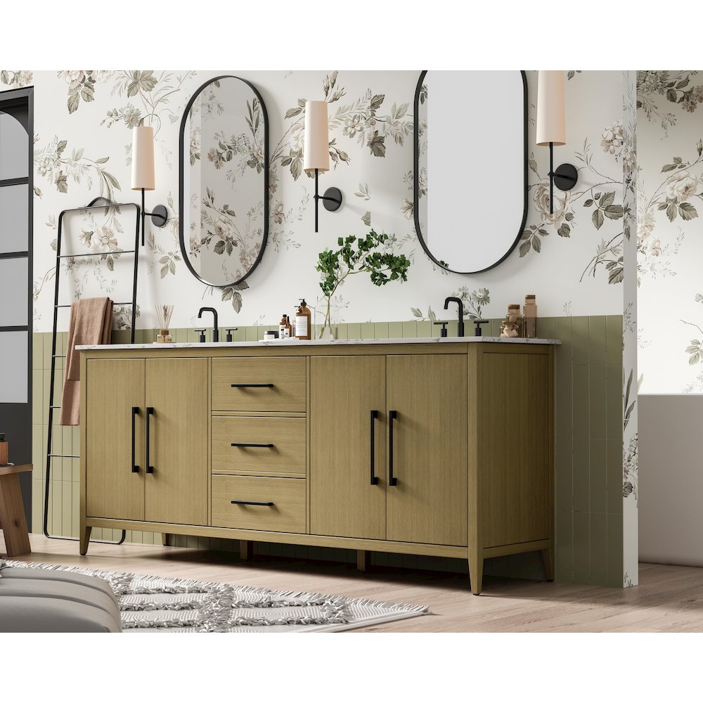 84 Inch Double Bathroom Vanity In Honey Brown. Picture 3
