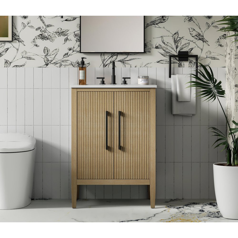 24 inch Single Bathroom Vanity in Linen Oak. Picture 2