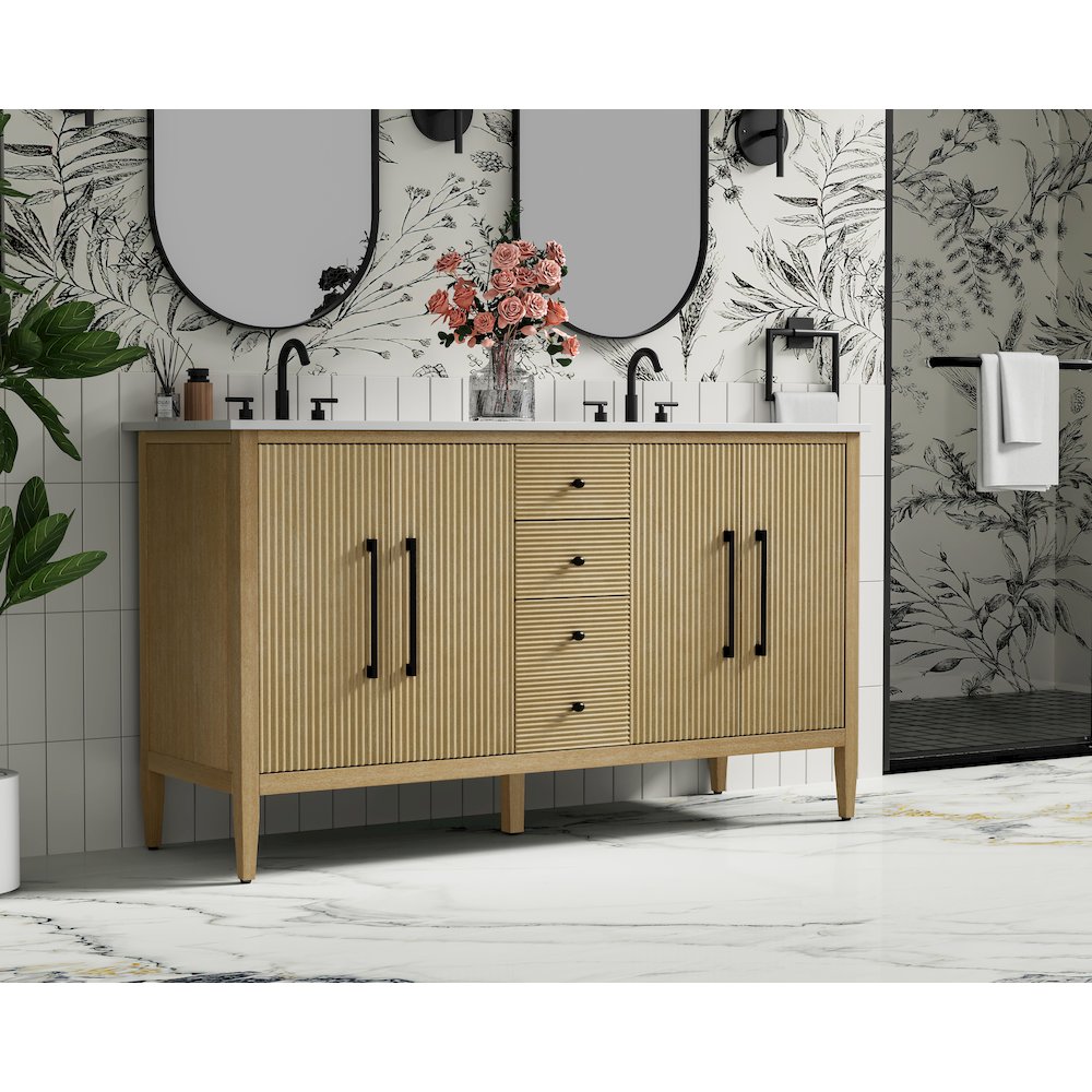 60 inch Double Bathroom Vanity in Linen Oak. Picture 3