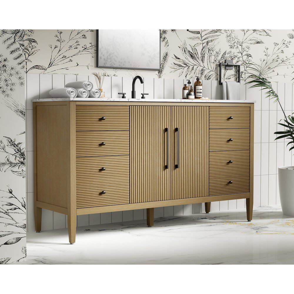 60 inch Single Bathroom Vanity in Linen Oak. Picture 3