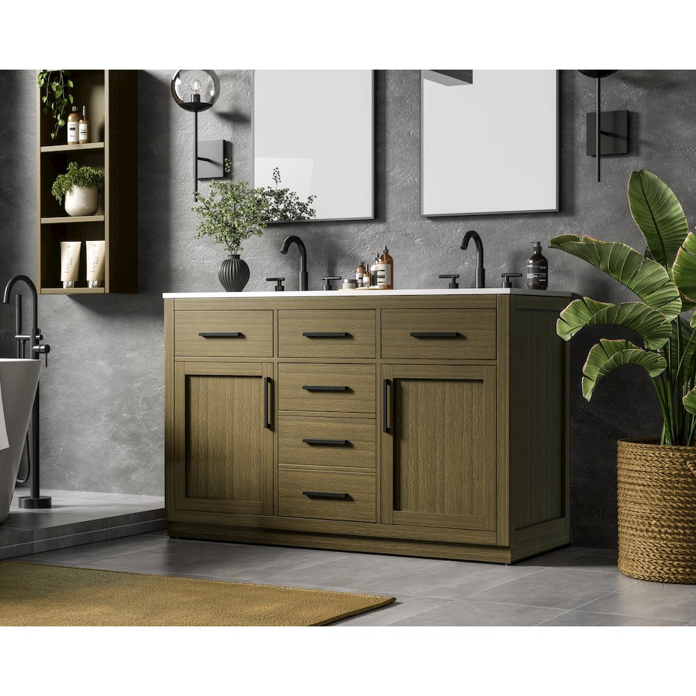 Alden 54 Inch Double Bathroom Vanity In Chestnut Brown. Picture 3