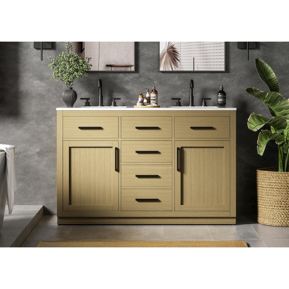 Alden 54 Inch Double Bathroom Vanity In Honey Brown. Picture 2