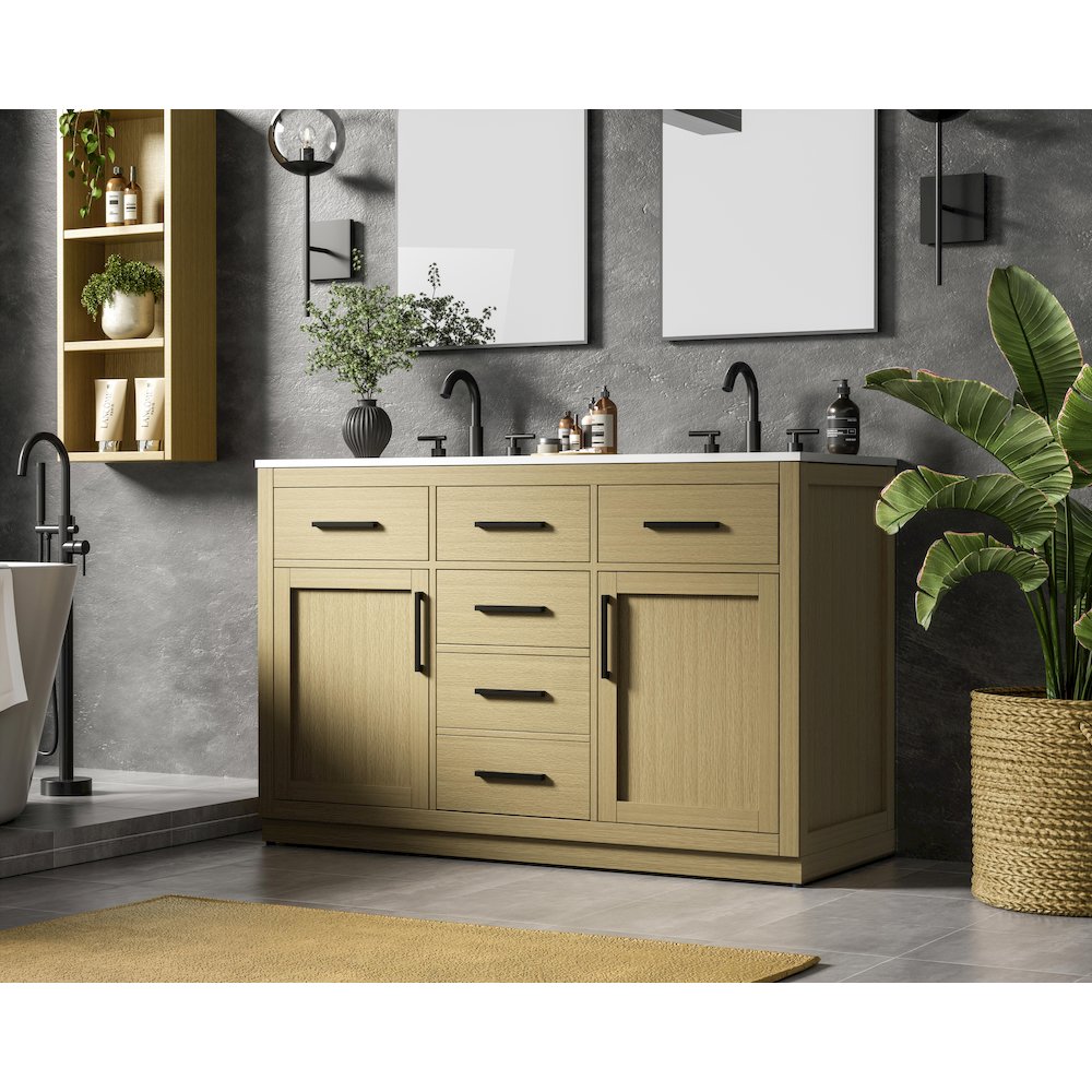 Alden 54 Inch Double Bathroom Vanity In Honey Brown. Picture 3