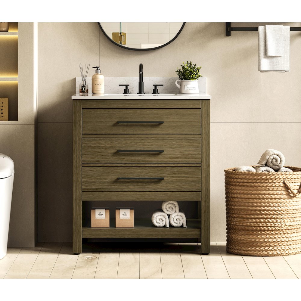 30 inch Single Bathroom Vanity in Chestnut Brown with backsplash. Picture 2