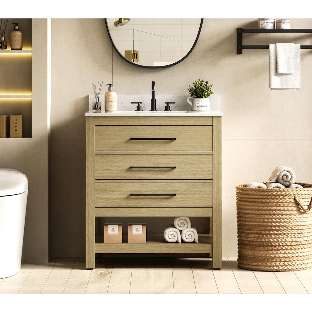 30 inch Single Bathroom Vanity in Honey Brown with backsplash. Picture 2