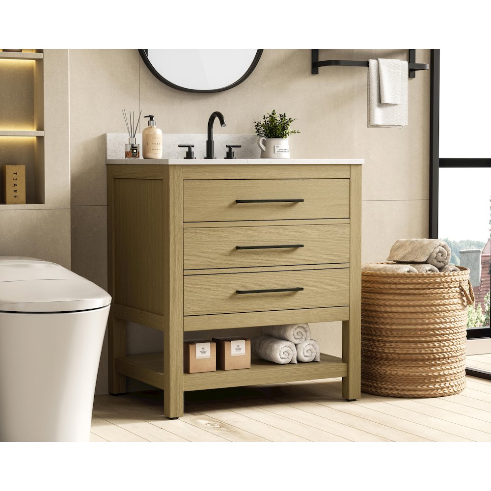 30 inch Single Bathroom Vanity in Honey Brown with backsplash. Picture 3