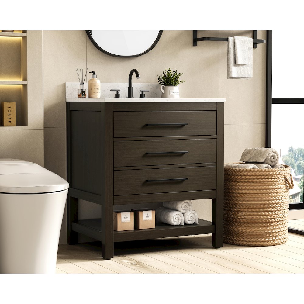 30 inch Single Bathroom Vanity in Mocha Brown with backsplash. Picture 3