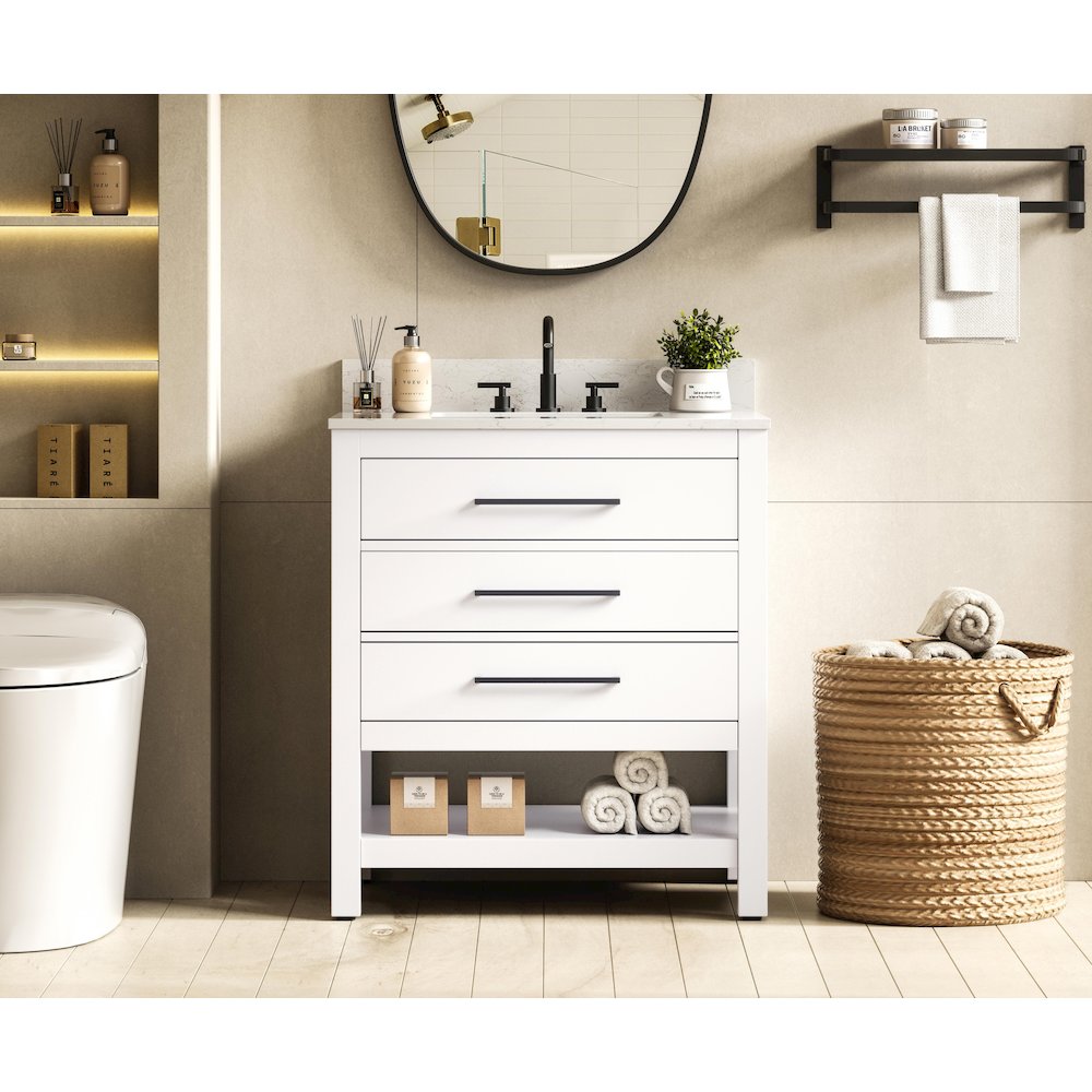 30 inch Single Bathroom Vanity in White with backsplash. Picture 2