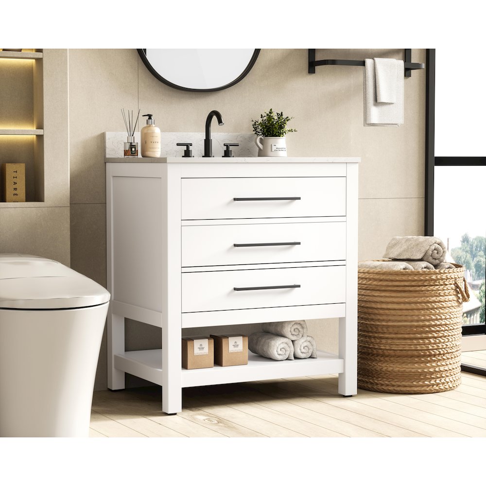 30 inch Single Bathroom Vanity in White with backsplash. Picture 3