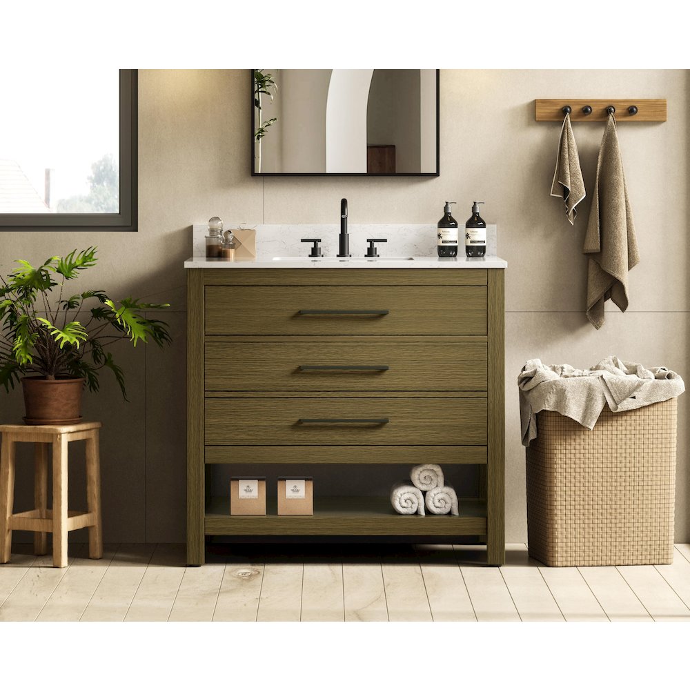 36  inch Single Bathroom Vanity in Chestnut Brown with backsplash. Picture 2
