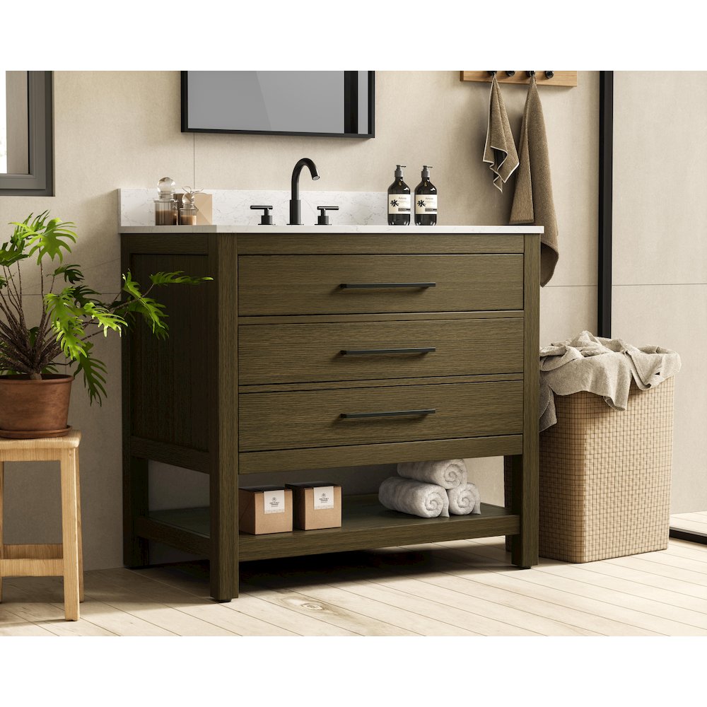 36  inch Single Bathroom Vanity in Chestnut Brown with backsplash. Picture 3