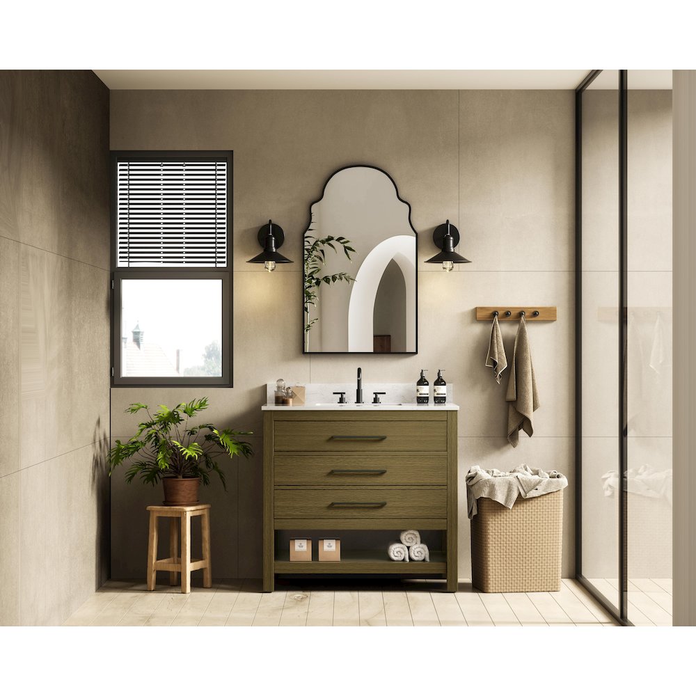 36  inch Single Bathroom Vanity in Chestnut Brown with backsplash. Picture 4