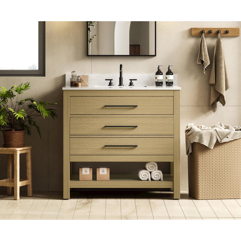 36  inch Single Bathroom Vanity in Honey Brown with backsplash. Picture 2
