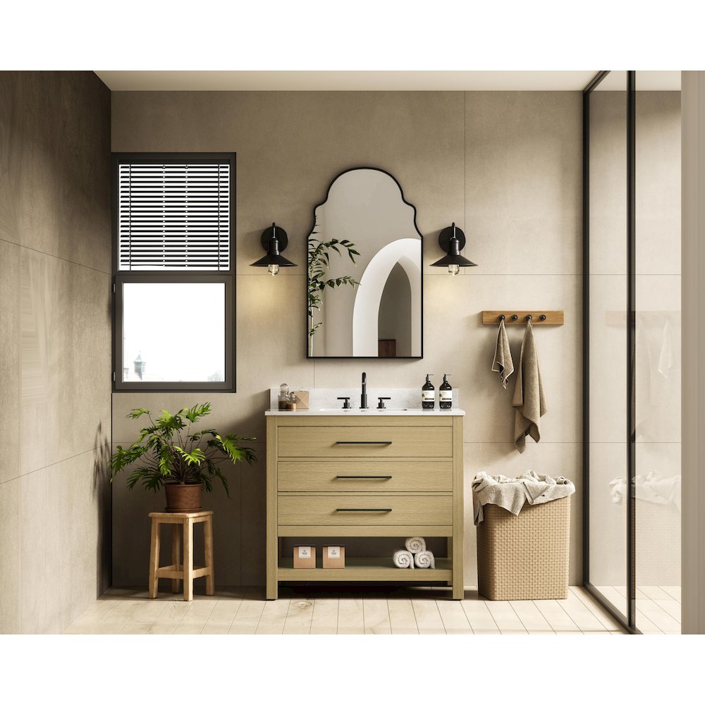 36  inch Single Bathroom Vanity in Honey Brown with backsplash. Picture 4