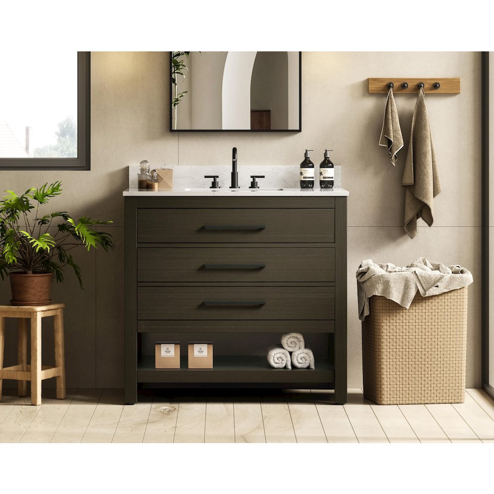 36 inch Single Bathroom Vanity in Mocha Brown with backsplash. Picture 2