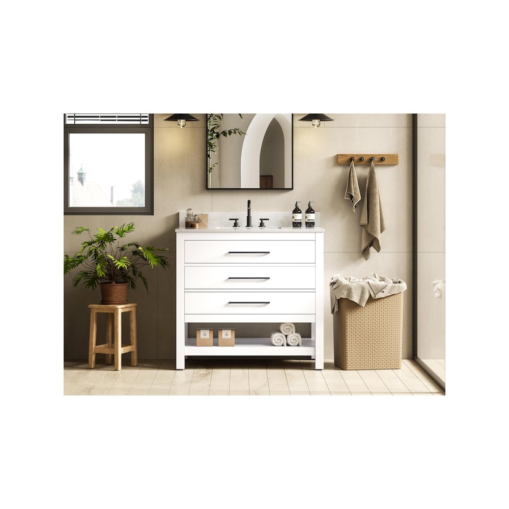 36 inch Single Bathroom Vanity in White with backsplash. Picture 2