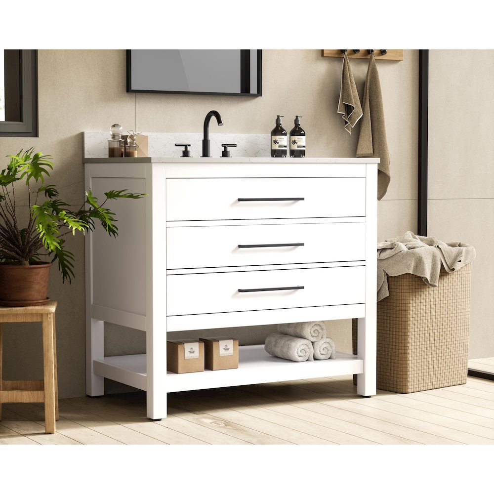 36 inch Single Bathroom Vanity in White with backsplash. Picture 3