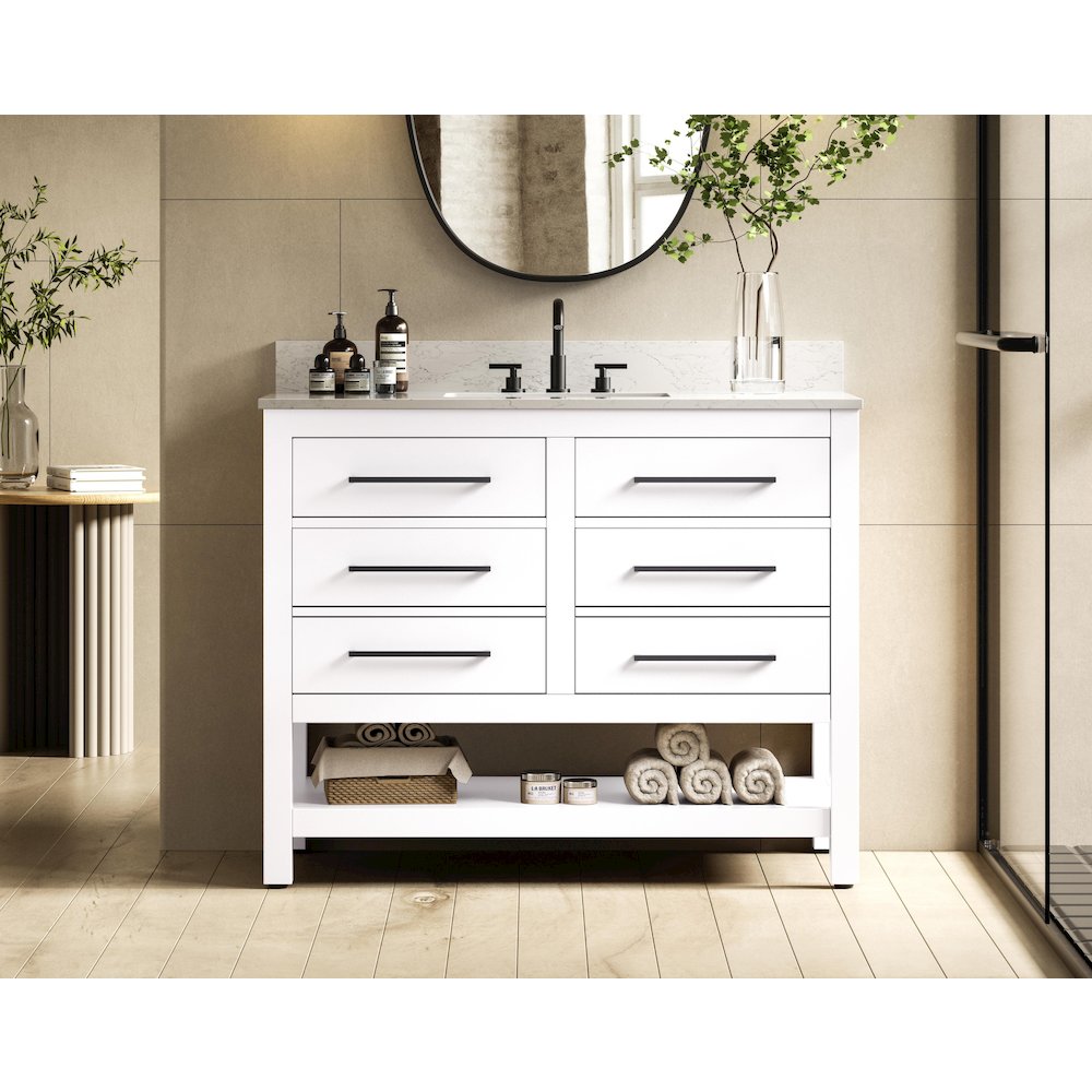 42 inch Single Bathroom Vanity in White with backsplash. Picture 2