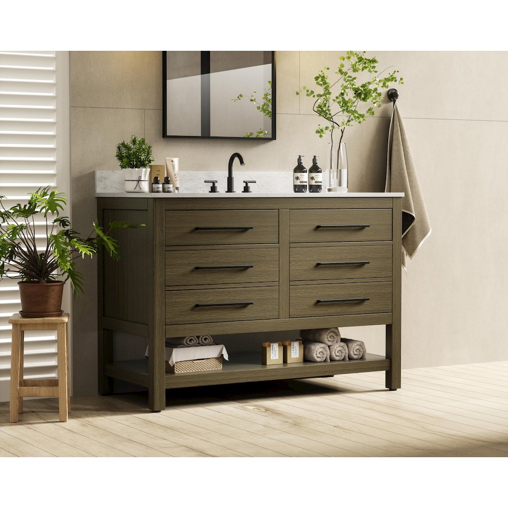 48 inch Single Bathroom Vanity in Chestnut Brown with backsplash. Picture 3