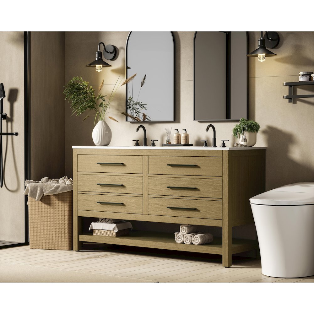 60 inch Double Bathroom Vanity in Honey Brown. Picture 3