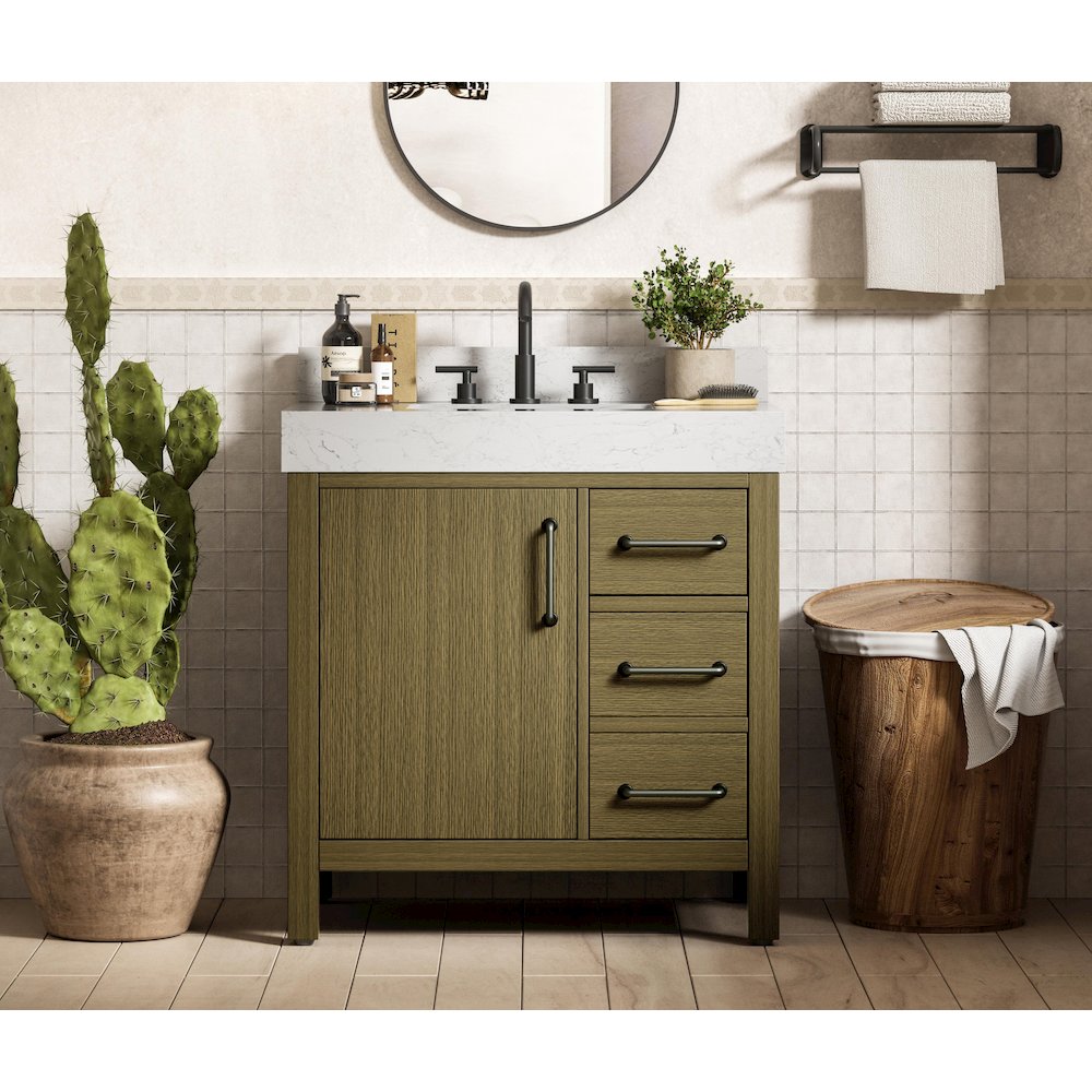 32 inch Single Bathroom Vanity In Chestnut Brown with backsplash. Picture 2