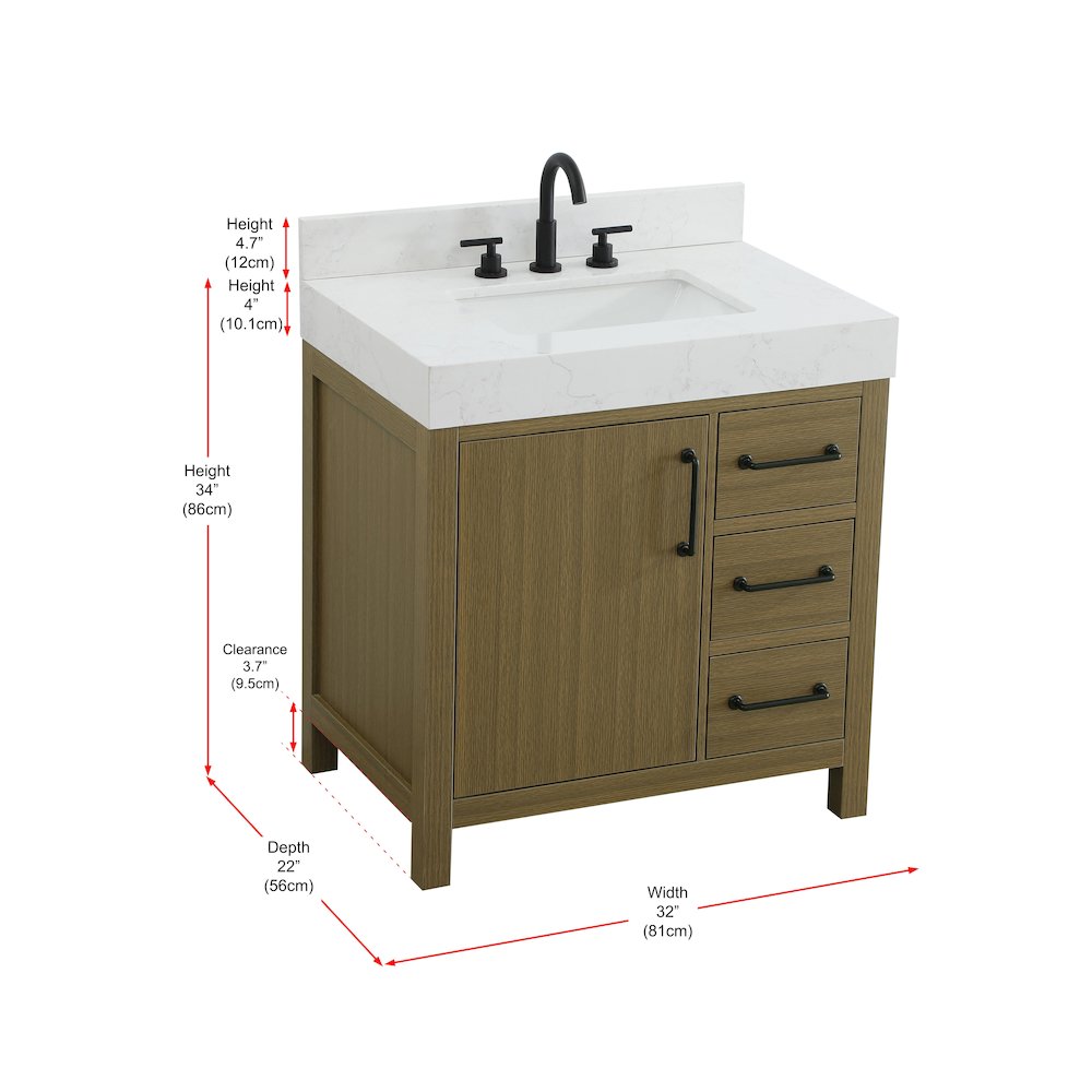 32 inch Single Bathroom Vanity In Chestnut Brown with backsplash. Picture 13