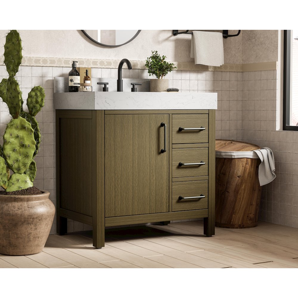 32 inch Single Bathroom Vanity In Chestnut Brown with backsplash. Picture 3