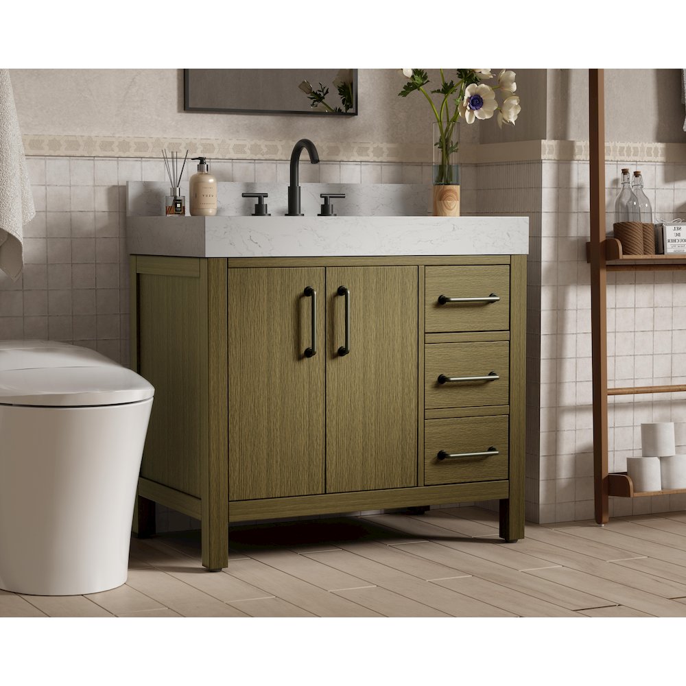 36 inch Single Bathroom Vanity In Chestnut Brown with backsplash. Picture 3