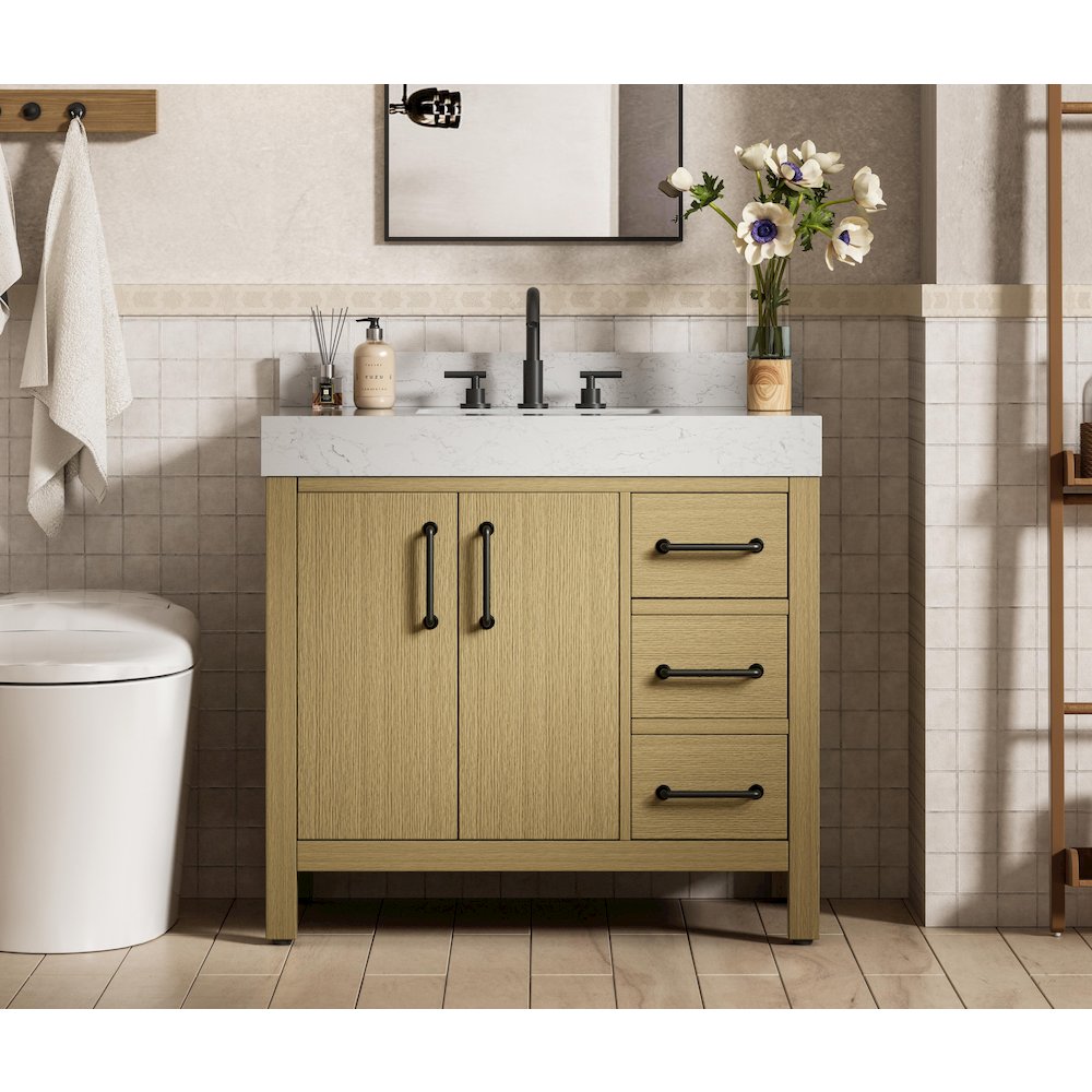 36 inch Single Bathroom Vanity In Honey Brown with backsplash. Picture 2