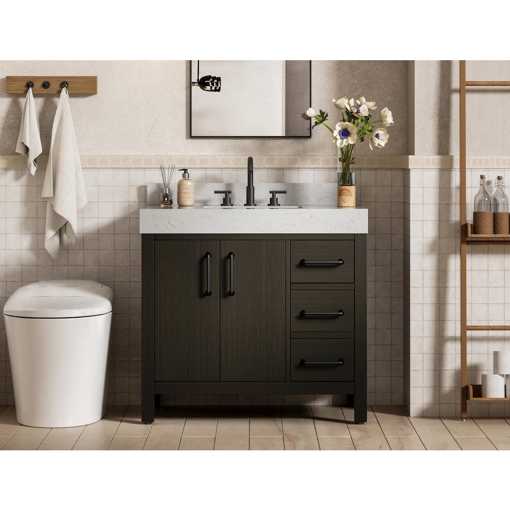 36 inch Single Bathroom Vanity In Mocha Brown with backsplash. Picture 2
