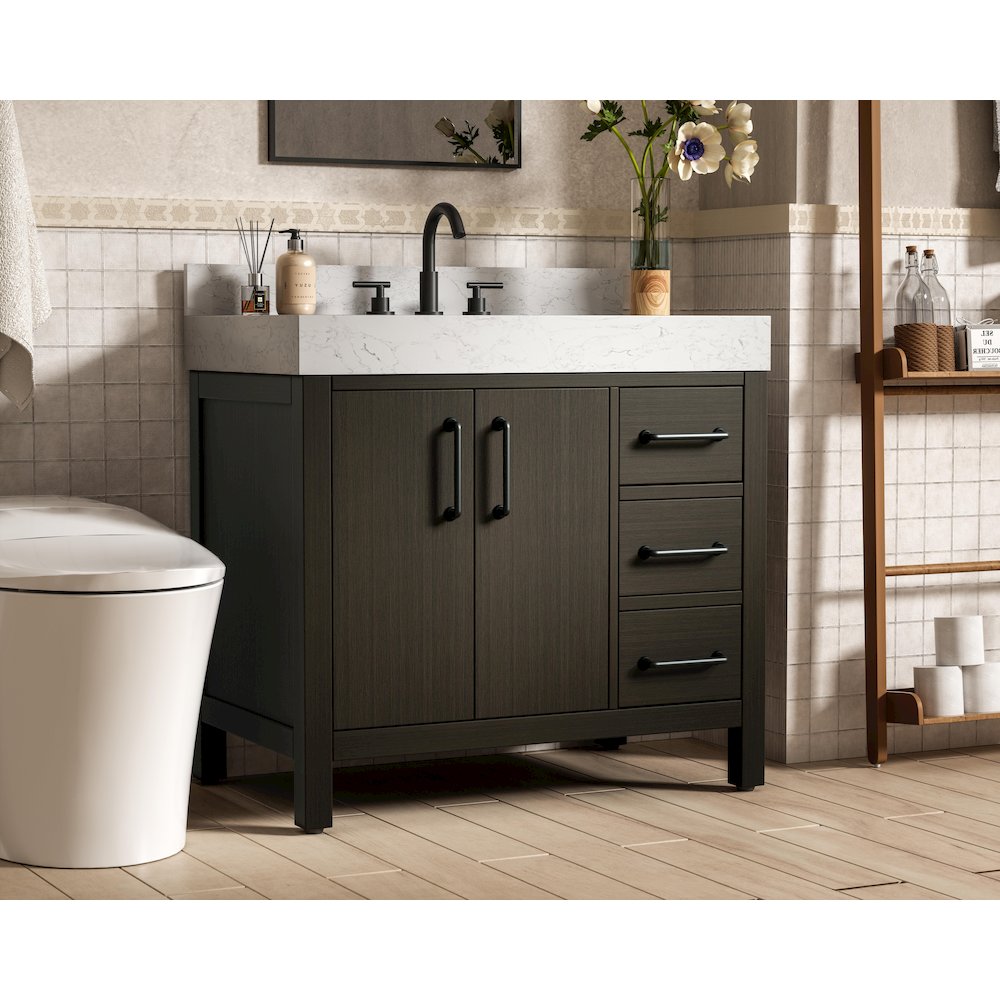 36 inch Single Bathroom Vanity In Mocha Brown with backsplash. Picture 3