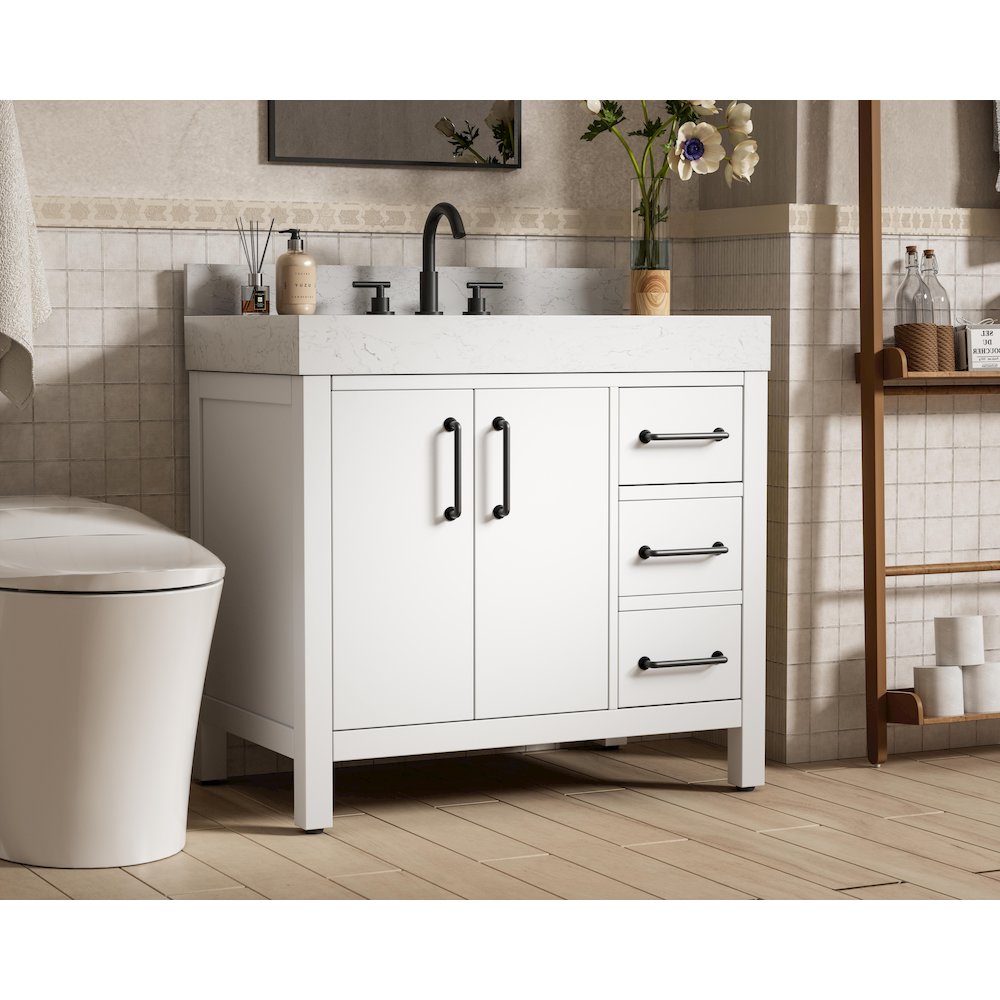 36 inch Single Bathroom Vanity In White with backsplash. Picture 3