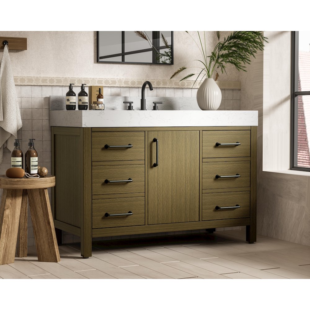 48 inch Single Bathroom Vanity In Chestnut Brown with backsplash. Picture 3