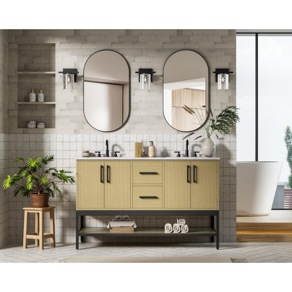 54 Inch Double Bathroom Vanity In Honey Brown. Picture 4