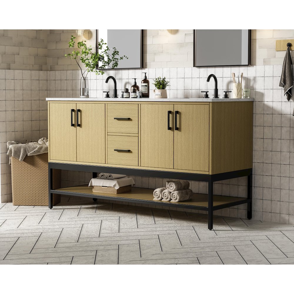 60 Inch Double Bathroom Vanity In Honey Brown. Picture 3