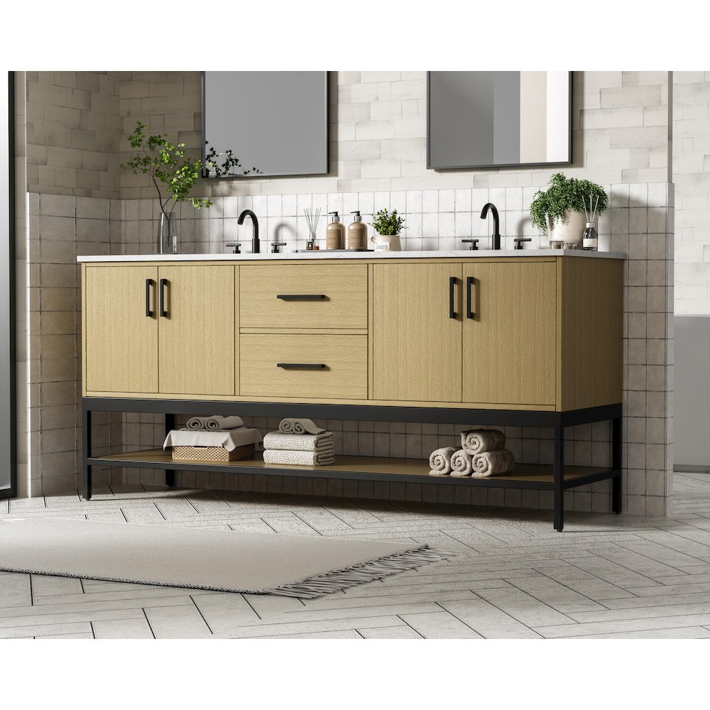 72 Inch Double Bathroom Vanity In Honey Brown. Picture 3