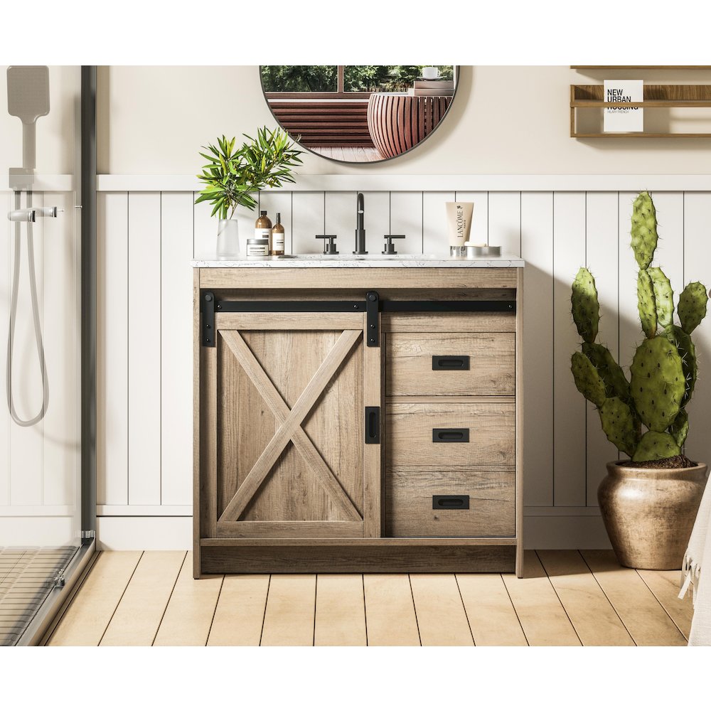 Austin 36 Inch Single Bathroom Vanity In Natural Oak. Picture 2