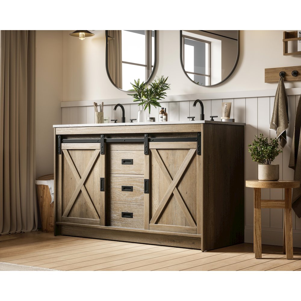 Austin 54 Inch Double Bathroom Vanity In Natural Oak. Picture 3