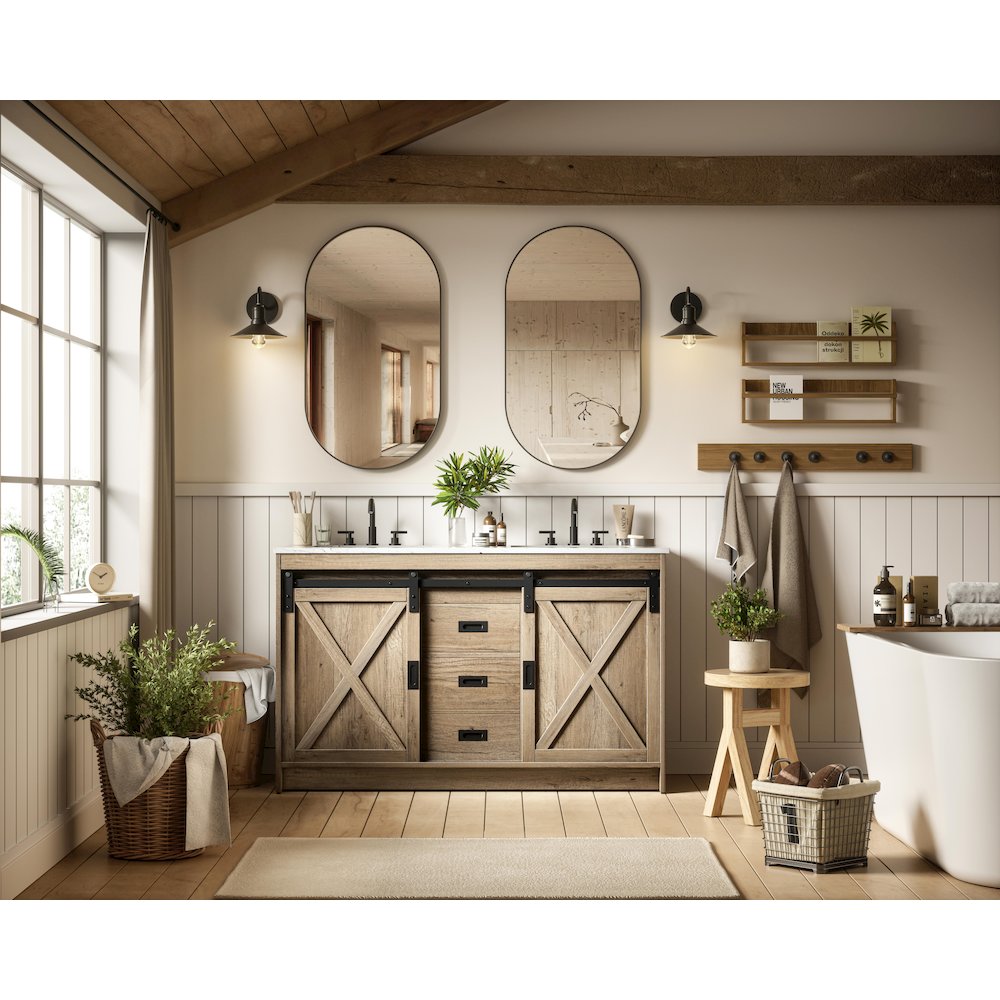 Austin 54 Inch Double Bathroom Vanity In Natural Oak. Picture 4