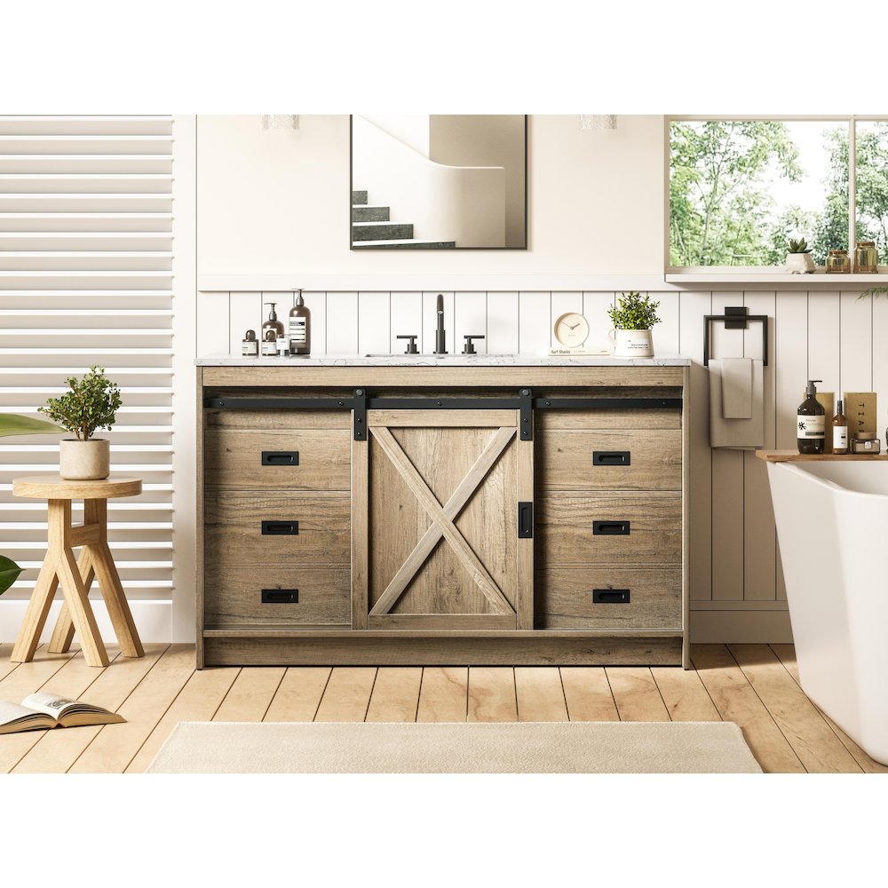 Austin 54 Inch Single Bathroom Vanity In Natural Oak. Picture 2