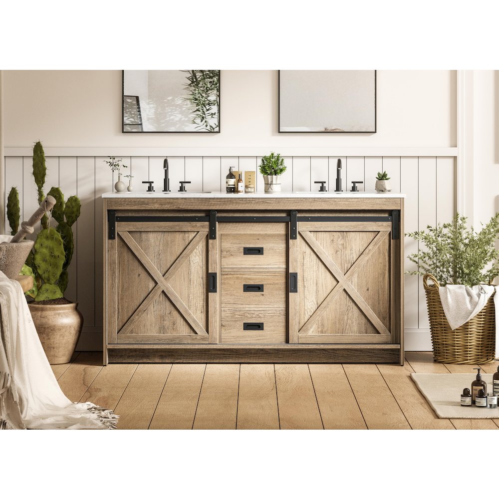 Austin 60 Inch Double Bathroom Vanity In Natural Oak. Picture 2
